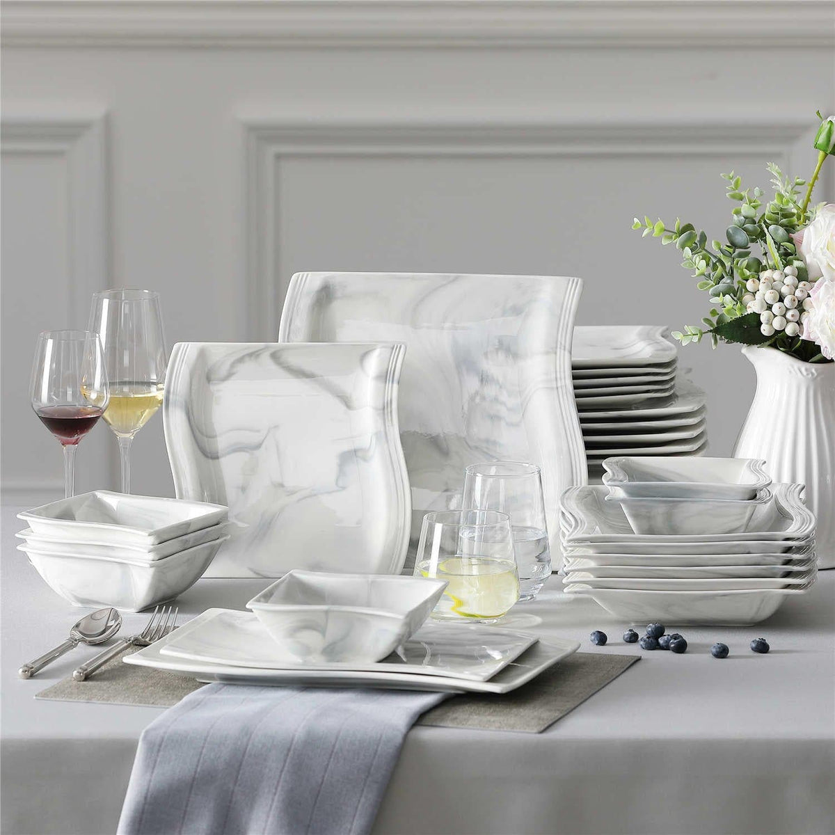 Flora Marble Blue 26 Piece Dinnerware Set