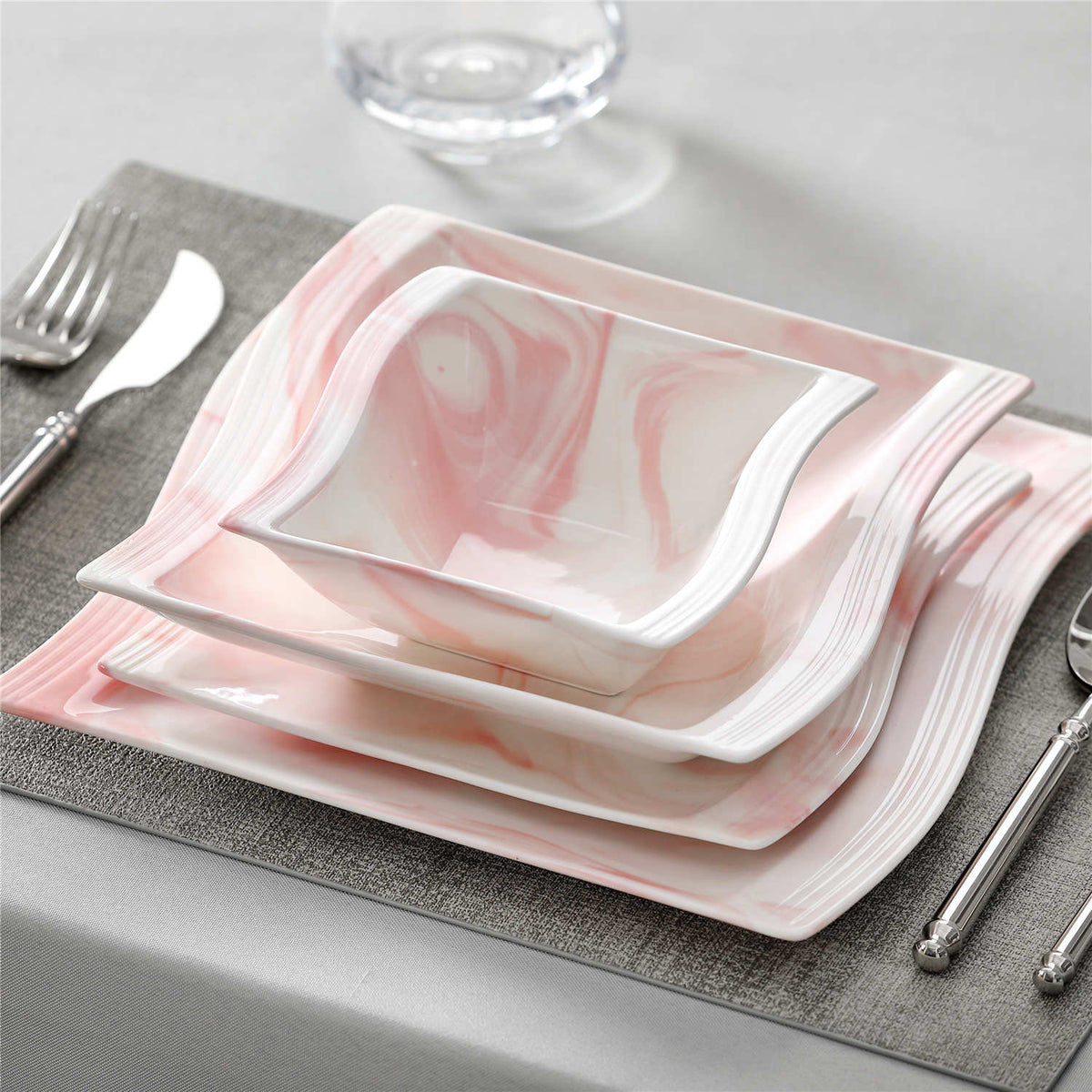 Flora Marble Grey 26 Piece Dinnerware Set