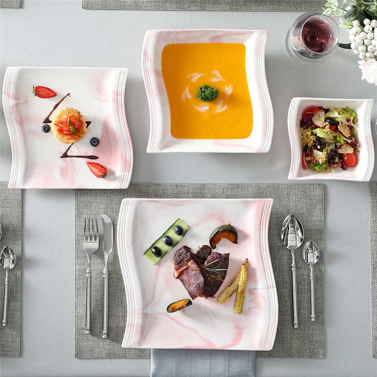 Flora Marble Pink 26 Piece Dinnerware Set
