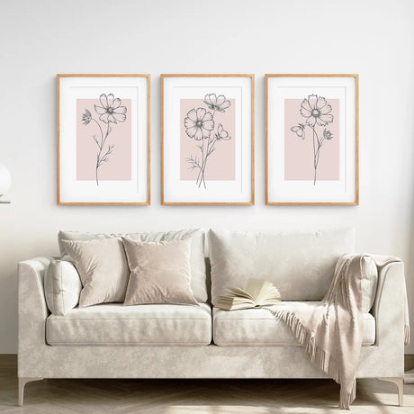 Pink Wall Art Set Of 3 Botanical Modern Decor