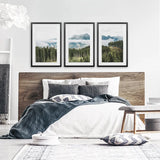 Green Pine Tree Forest. Blue Foggy Mountains. Set of 3 Prints