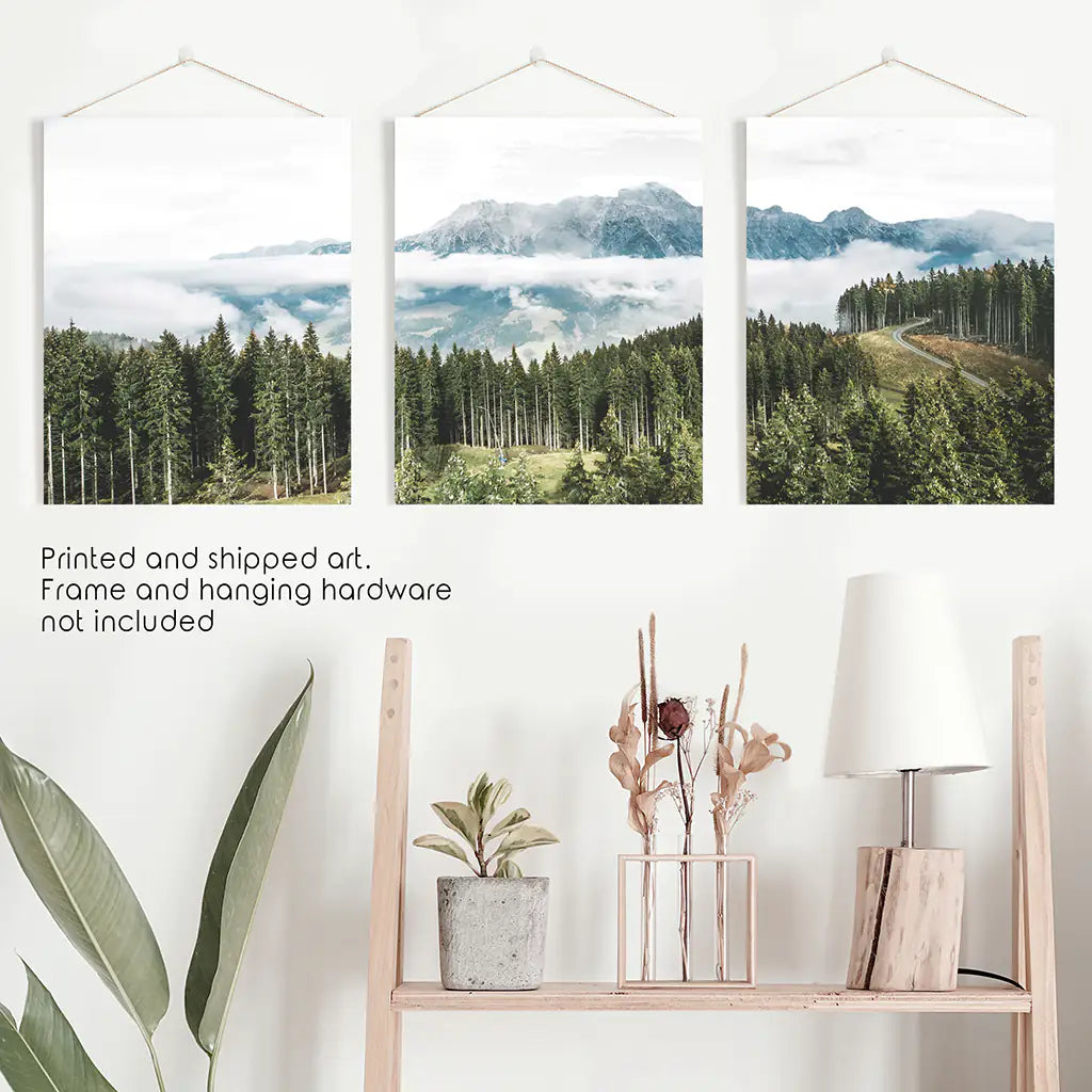 Green Pine Tree Forest. Blue Foggy Mountains. Set of 3 Prints