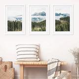 Green Pine Tree Forest. Blue Foggy Mountains. Set of 3 Prints