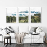 Green Pine Tree Forest. Blue Foggy Mountains. Set of 3 Prints