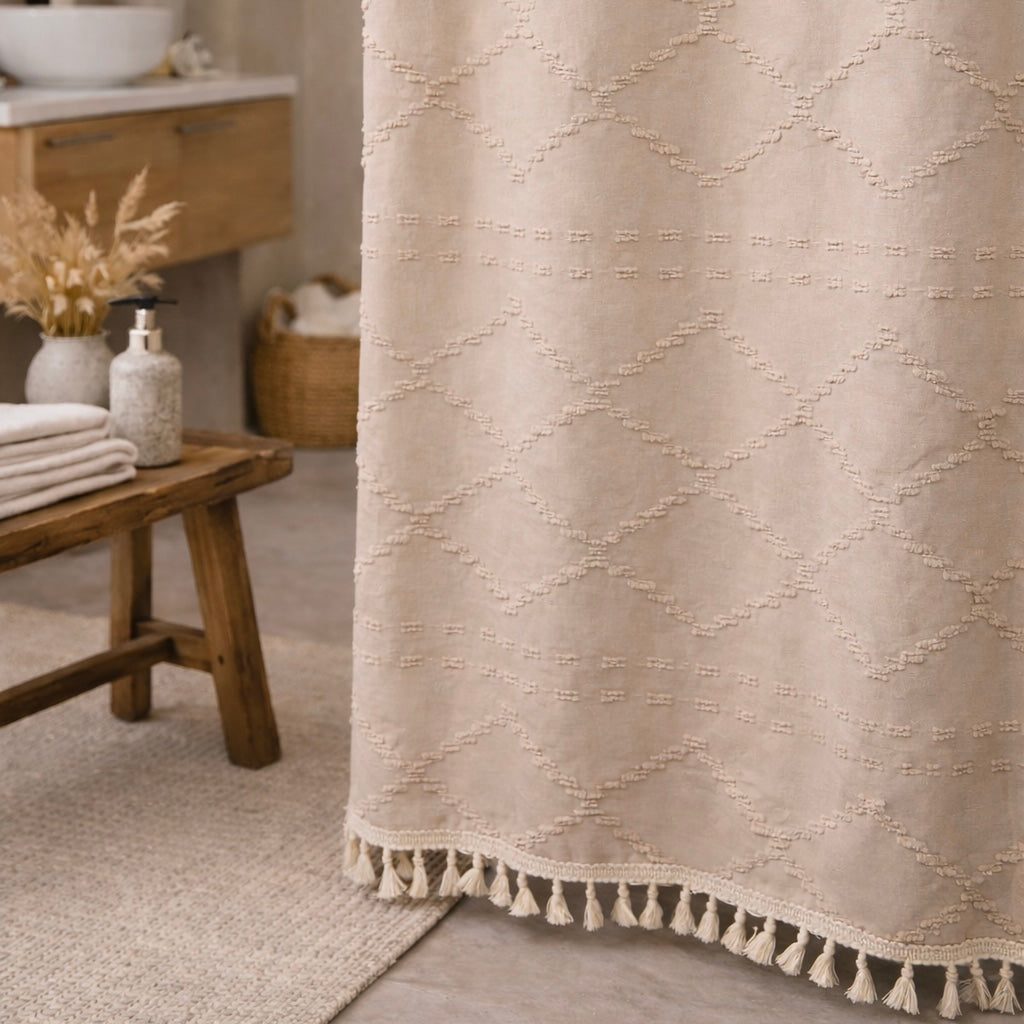 Beige Tufted Shower Curtain 72x72 with Tassels and Water-Resistant Coating