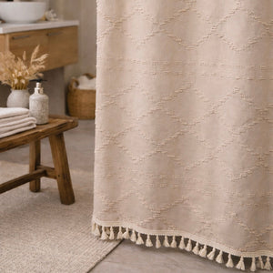 Beige Tufted Shower Curtain 72x72 with Tassels and Water-Resistant Coating
