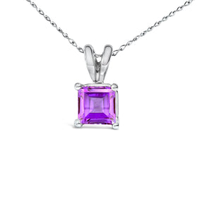14K White Gold 5x5 MM Square Shaped Purple Amethyst Solitaire Pendant Necklace