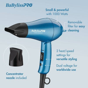 BaBylissPRO Nano Titanium Travel Hair Dryer - Blue - 1000W