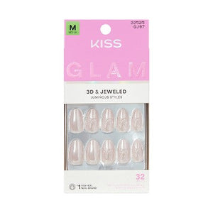 KISS Nails GLAM Jeweled Press-On Fake Nails Medium Almond Ripple 35ct - New