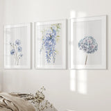 Set of 3 Blue Watercolor Minimalist Flowers Prints