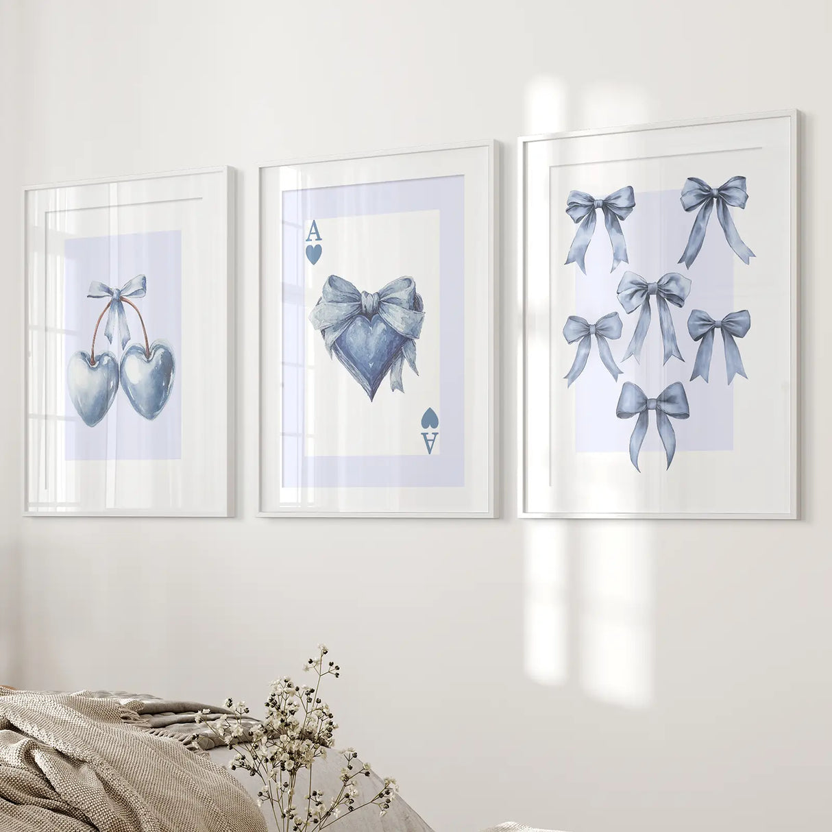 Blue Coquette Bows Wall Art Set of 3 Prints Decor