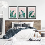 Green Banana Leaves on Pink. Tropical Triptych