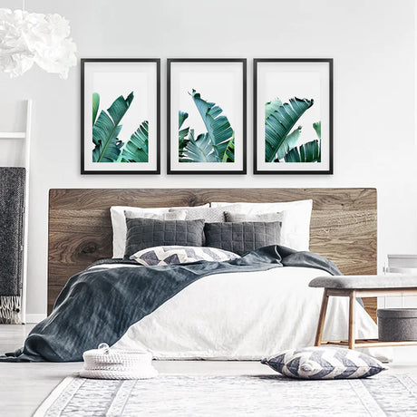 Green Banana Leaves 3 Piece Set. Tropical Wall Art