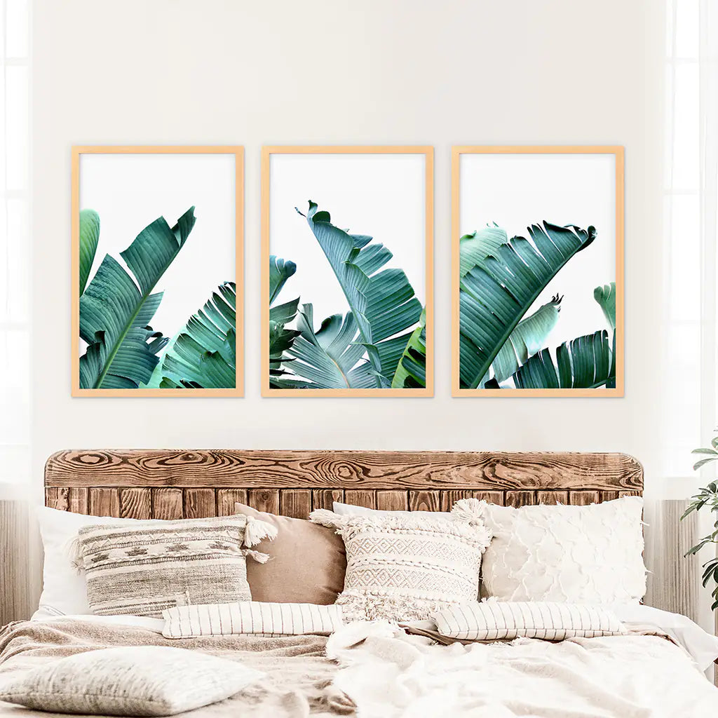 Green Banana Leaves 3 Piece Set. Tropical Wall Art