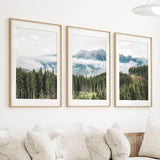 Green Pine Tree Forest. Blue Foggy Mountains. Set of 3 Prints