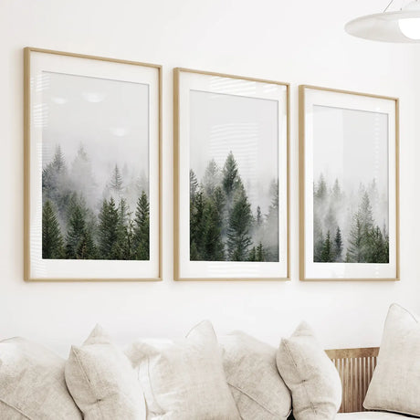 Pine Tree Foggy Forest Triptych. Nordic Wall Decor