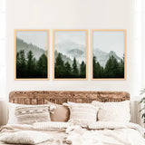 Green Mountain Forest 3 Piece Wall Art. Foggy Nordic Nature
