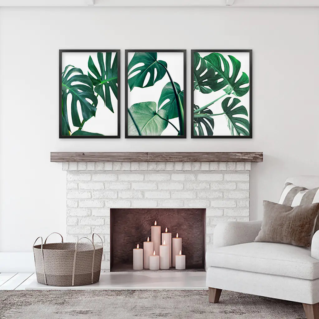 3 Piece Green Monstera Leaf Print Set. Tropical Decor