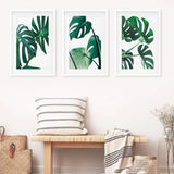 3 Piece Green Monstera Leaf Print Set. Tropical Decor