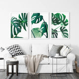 3 Piece Green Monstera Leaf Print Set. Tropical Decor