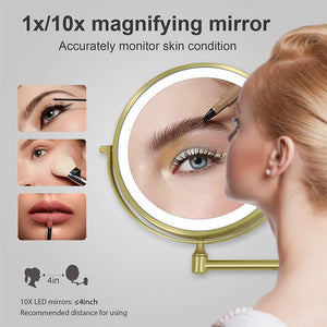 Rechargeable LED Makeup Mirror 10X Magnifying Wall Mount Gold