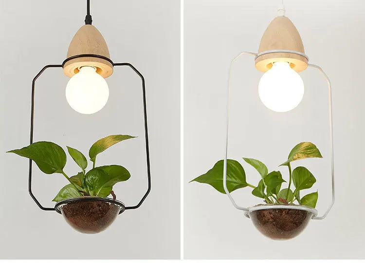 Art Deco LED Plant Pendant Light Wood Base Rustic Hanging Lamp for Dining Cafe Bar