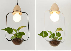 Art Deco LED Plant Pendant Light Wood Base Rustic Hanging Lamp for Dining Cafe Bar