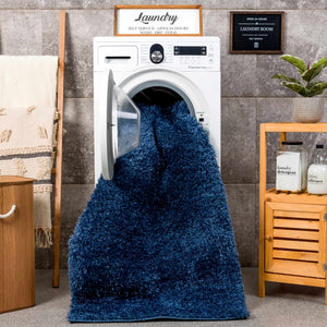 Faina Solid Dark Blue Shag Washable Area Rug - Clearance