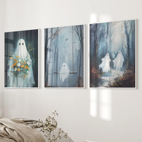 Cute Ghosts Halloween Art Print Gothic Decor Set