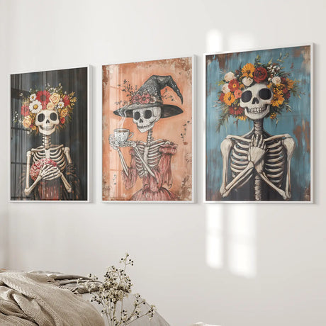 Cozy Floral Skeleton Wall Art Decor Poster Set