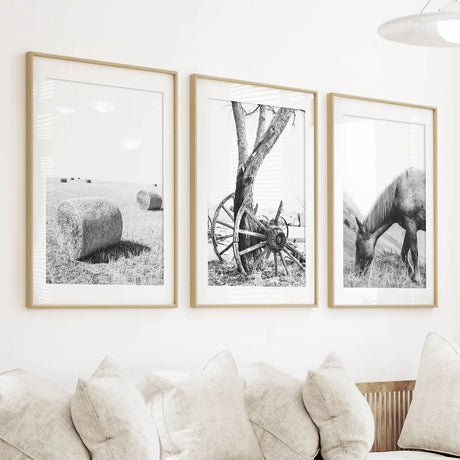 Black White Farm House Wall Décor. Horse, Hay Bales