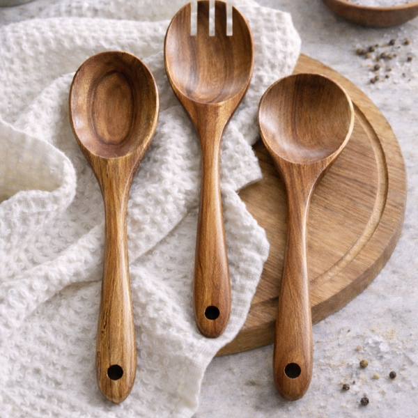 Teak Wooden Salad Spoons, Set of 3