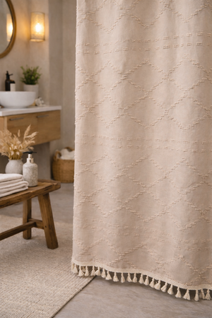 Beige Tufted Shower Curtain 72x72 with Tassels and Water-Resistant Coating
