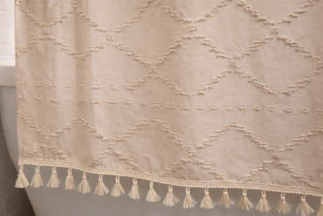 Beige Tufted Shower Curtain 72x72 with Tassels and Water-Resistant Coating