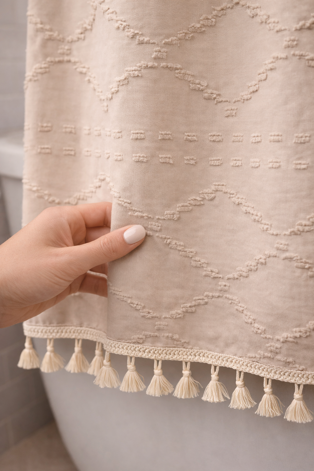 Beige Tufted Shower Curtain 72x72 with Tassels and Water-Resistant Coating