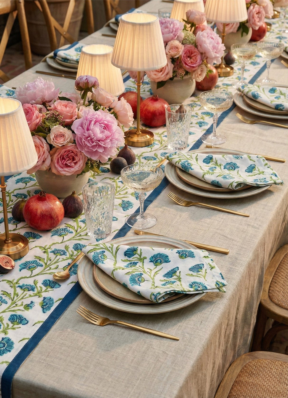 Bella Hand Printed Table Runner - Olive Green & Blue