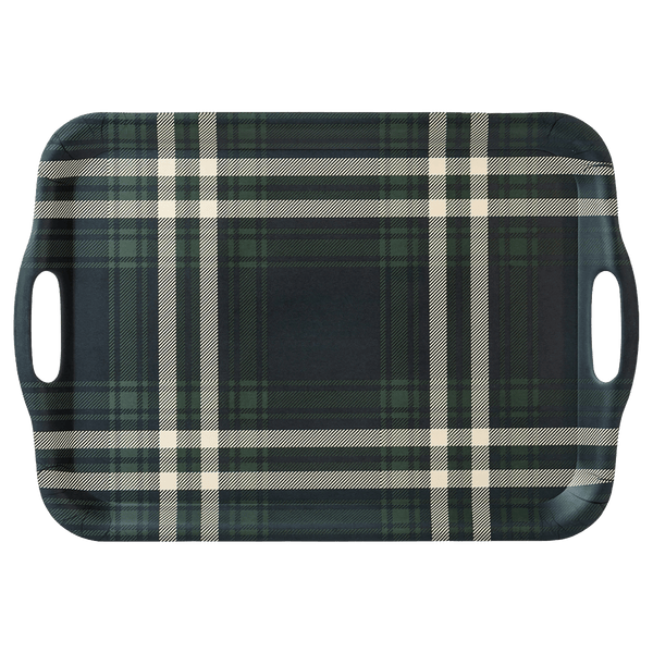 Navy Green Plaid Large Melamine Tray with Handles