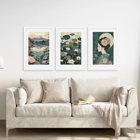 Japanese Nature Wall Art Set. Geisha Poster, Fuji Mountain