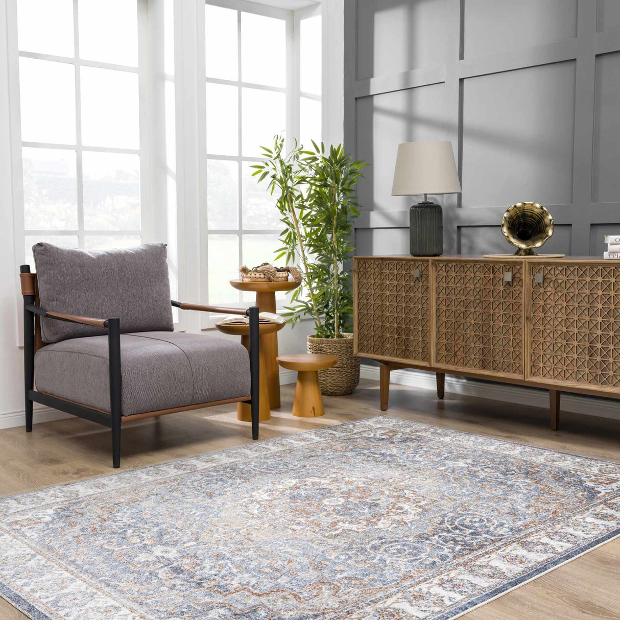 Aurum Blue & Beige Washable Area Rug - Clearance
