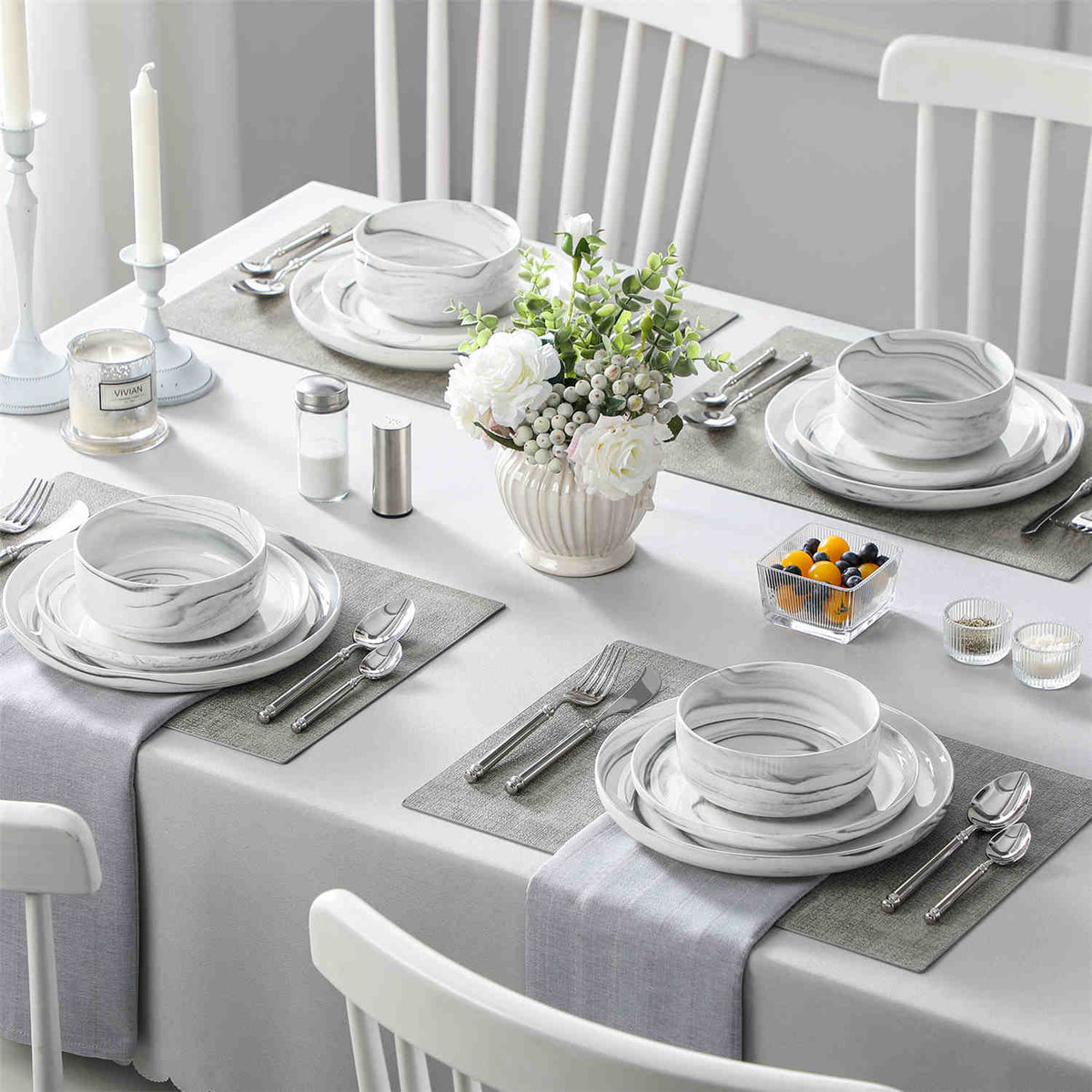Luna Marble Grey 12 Piece Dinnerware Set