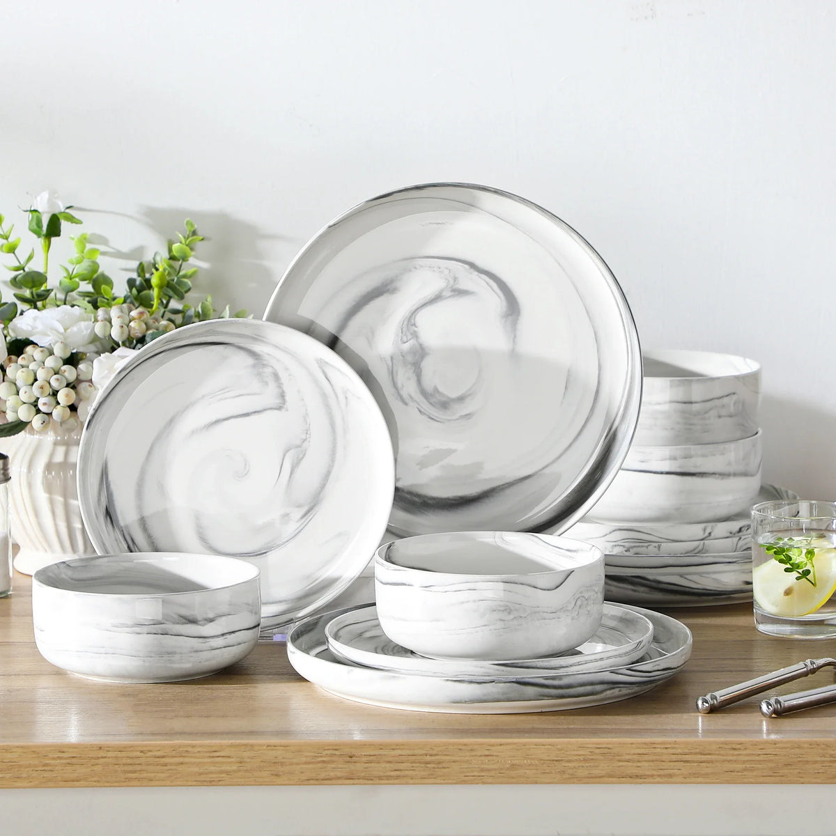 Luna Marble Grey 12 Piece Dinnerware Set
