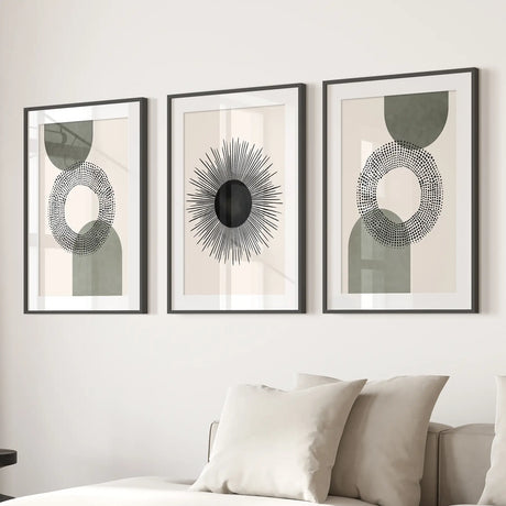 Set of 3 Boho Prints. Sage Green Modern Mid Century Wall Art.