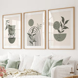3 Piece Boho Wall Art Prints. Green Mid-Century Abstract Decor