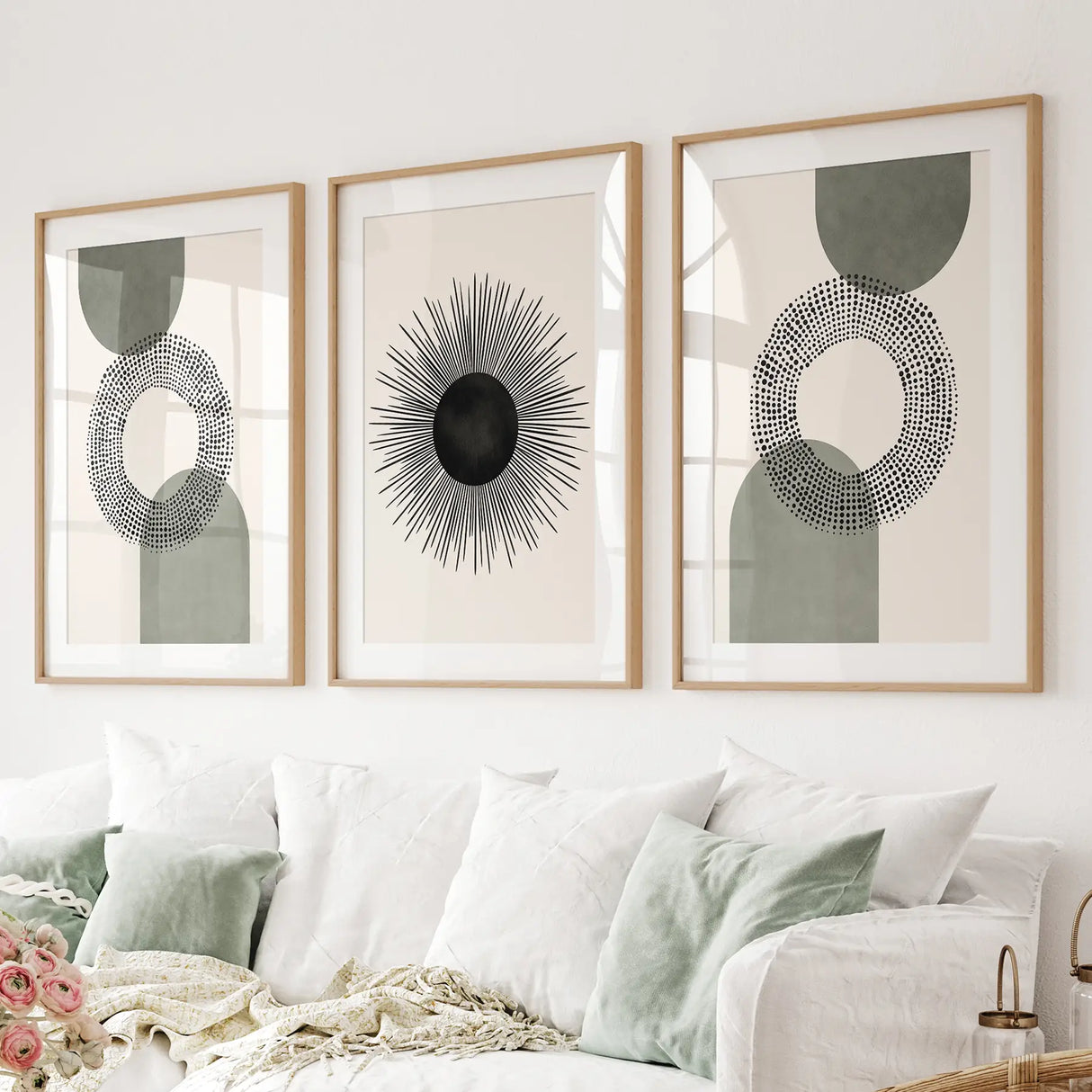 Set of 3 Boho Prints. Sage Green Modern Mid Century Wall Art.