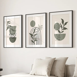 3 Piece Boho Wall Art Prints. Green Mid-Century Abstract Decor