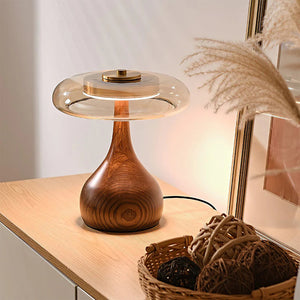 Mid Century Wood Glass Table Lamp LED Dimmable Walnut Disc Light