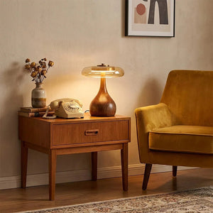 Mid Century Wood Glass Table Lamp LED Dimmable Walnut Disc Light
