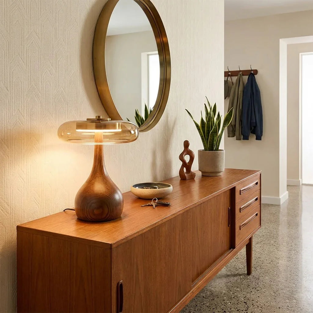 Mid Century Wood Glass Table Lamp LED Dimmable Walnut Disc Light