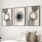 Set of 3 Boho Prints. Sage Green Modern Mid Century Wall Art.