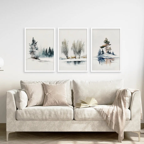 Winter Nature Set of 3 Wall Art Pine Forest Decor